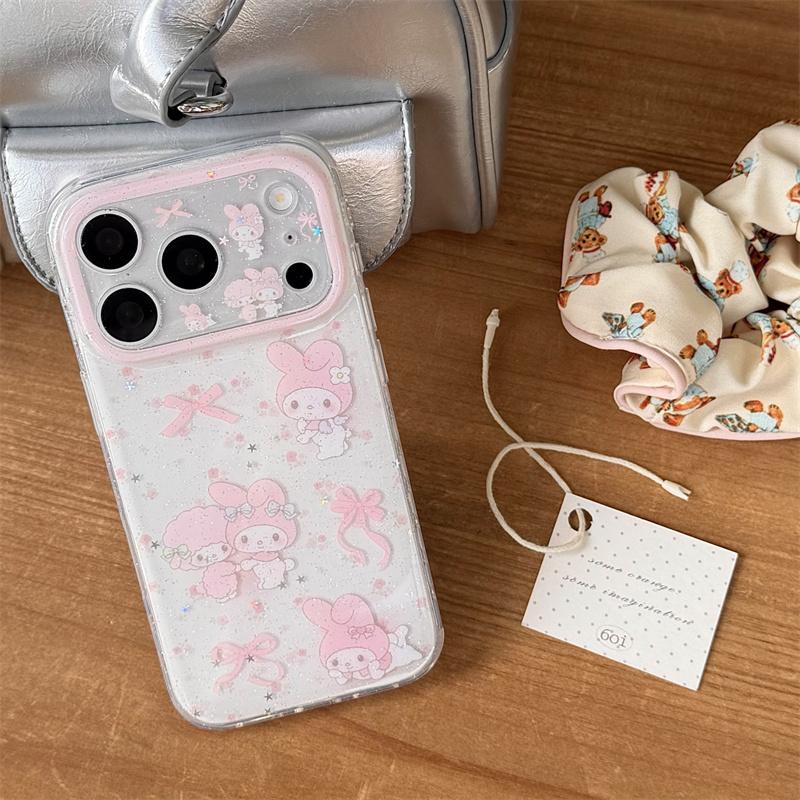 Sweet Pink My Melody My Sweet Piano Print Glitter Case For iPhone 16 15 Pro Max INS Kawaii Style Large Window Shockproof Cover