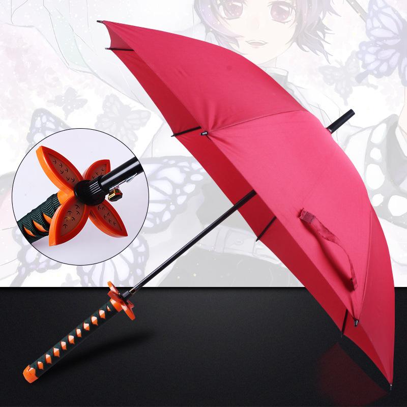 Demon Slayer Katana Umbrella Long Handle UV Blocking Black Parasol Kochou Shinobu Japanese Katana Sword Umbrella Anime Raincoa