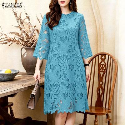 Women Casual Round Neck 3/4 Sleeve Elegant Patchwork Lace Dress