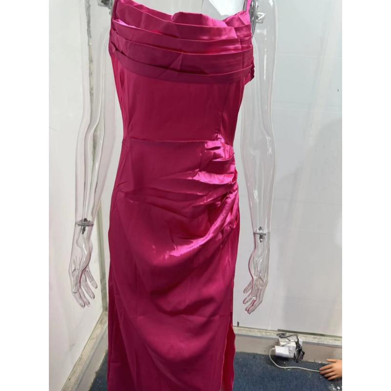 Women Satin One Shoulder Cowl Neck Maxi Dress Ruched High Slit Bodycon Slim Fit Elegant Evening Prom Party Formal Gown Multi Color