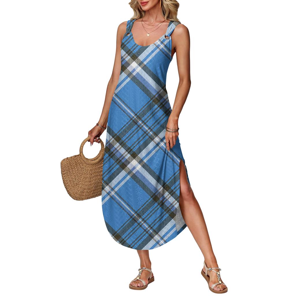 Women's Summer Long Dress, Sleeveless with Side Slits, Long Plaid Printed Vest Dress