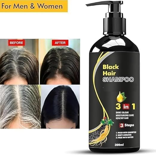 Black Hair Dye Shampoo 300ml – Fast Acting 3-in-1 Herbal Hair Color | Covers Grey Hair & Smoothens Hair