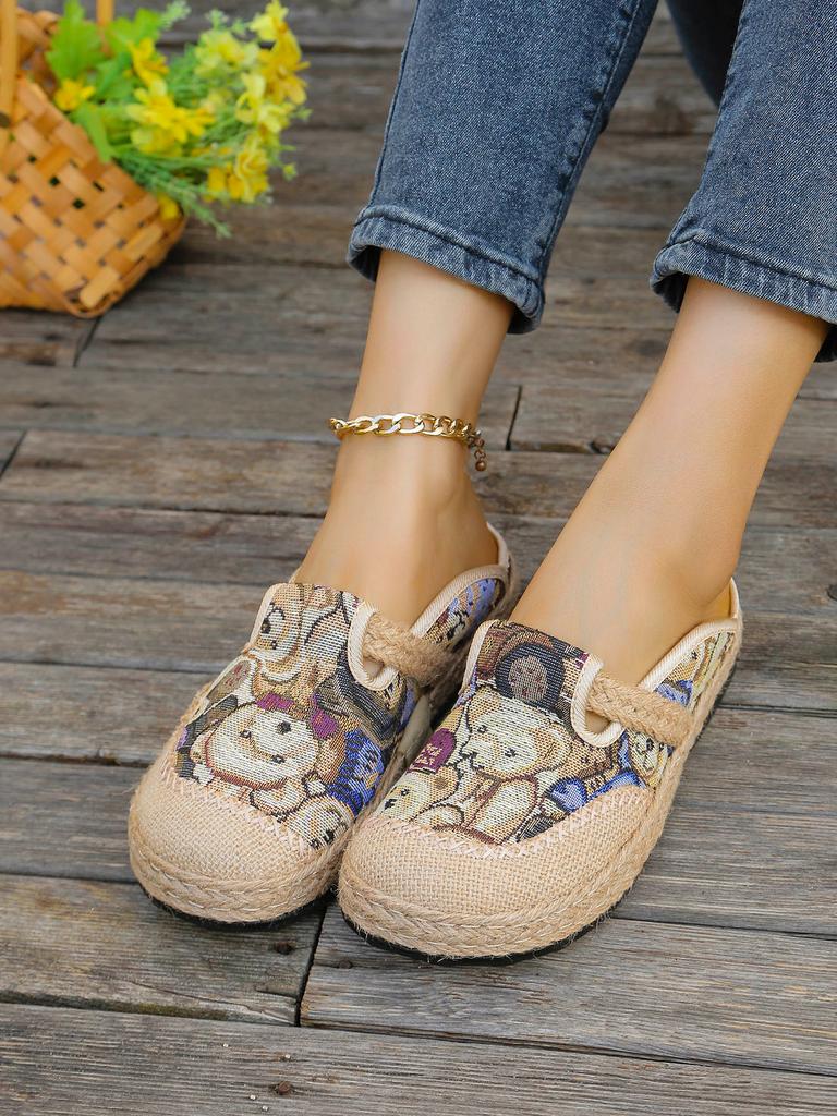 Women's Elegant Soft Sole Flats, Casual Linen Round Toe Slip-on Walking Shoes, Breathable Low-top Daily Footwear