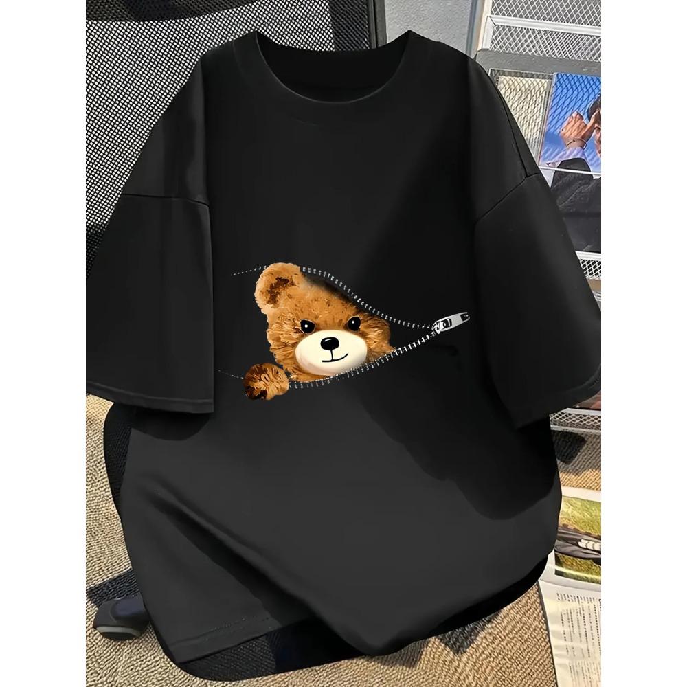 Zipper Peeking Teddy Bear Print T-Shirt Cute Kawaii Animal Graphic Tee Oversized Streetwear Top for Men Women M