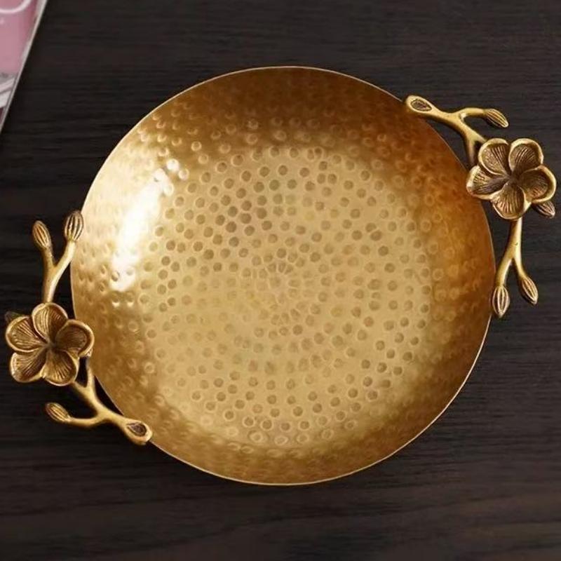 European Fruit Tray,Retro Brass Portable Engraving Plum Blossom Round Shape 23 cm Food Plate,Snack Plate Home Table Decoration