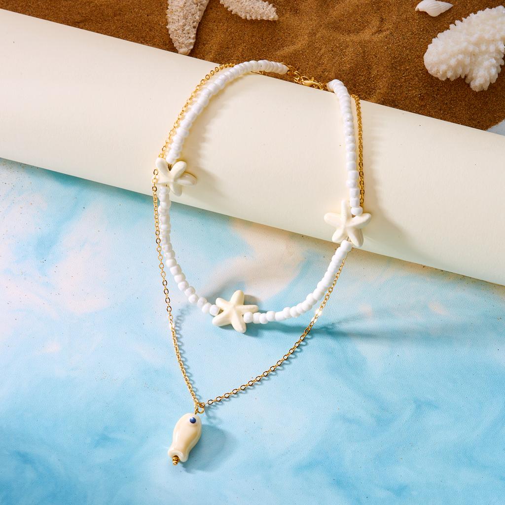 Boho Ceramic Small Fish Starfish Pendant Necklace for Women Vintage Double Layer Rice Beads Beaded Metal Chain Choker Jewelry