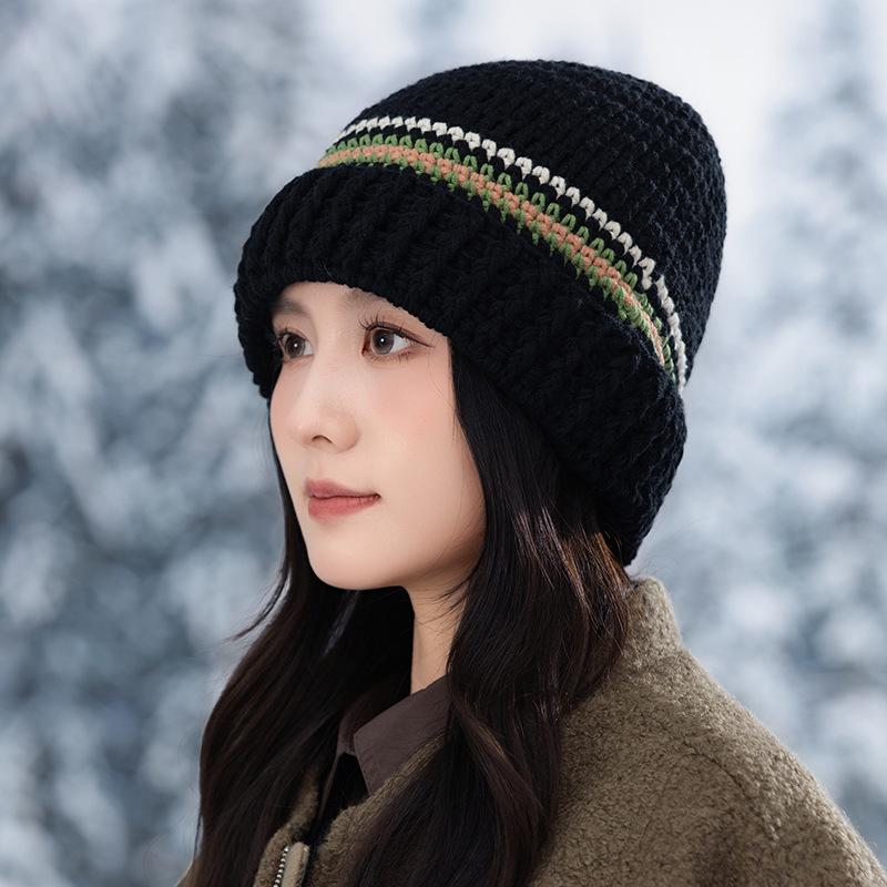All-match Color Blocked Striped Wool Hat for Women In Autumn and Winter Outdoor Travel Windproof Ear Protection Hat Thickened Warm Pullover Hat