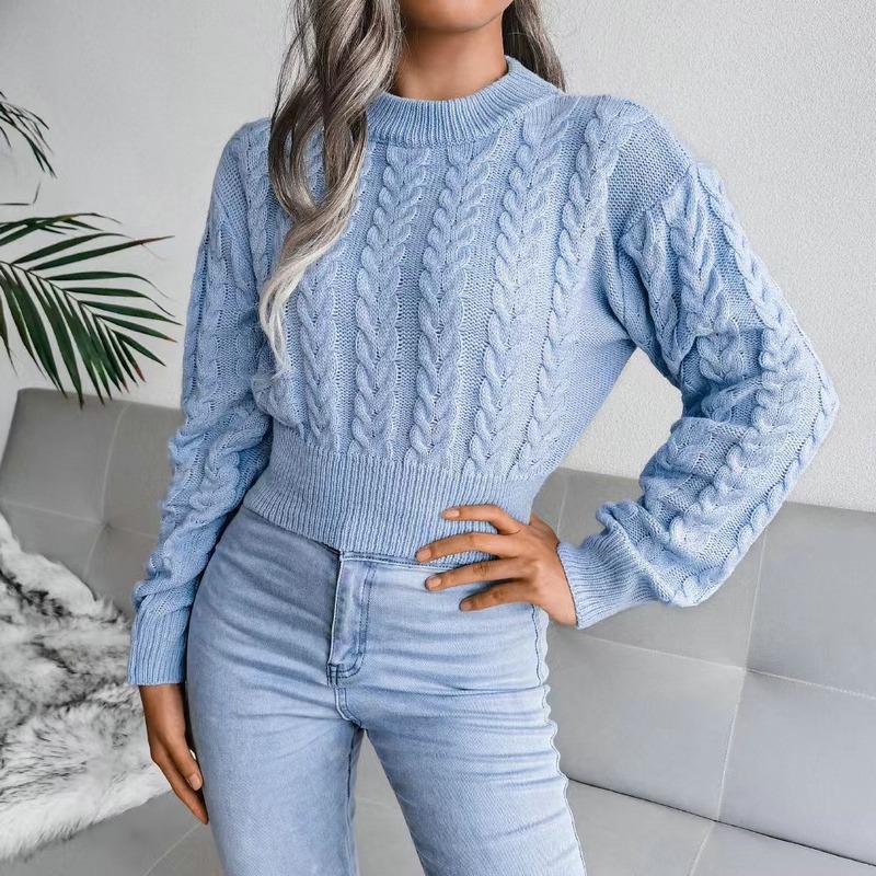 Autumn and Winter Crew Neck Pullover Women Short Sweater Slim Fit Fashion Twist Bottoming Knitted Top Solid Color Long Sleeve Casual Simple Clothing