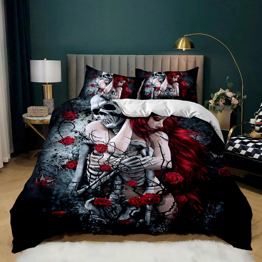 Skull Duvet Cover Red Rose Skeleton Queen Floral Skeleton Traditional Mexican Halloween Double Queen King Qulit Cover