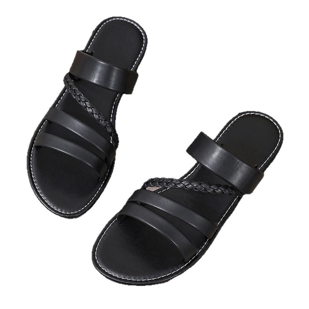 European and American large-size solid color 2025 summer new round head flat bottom fashion casual outer wear one-character sandals women