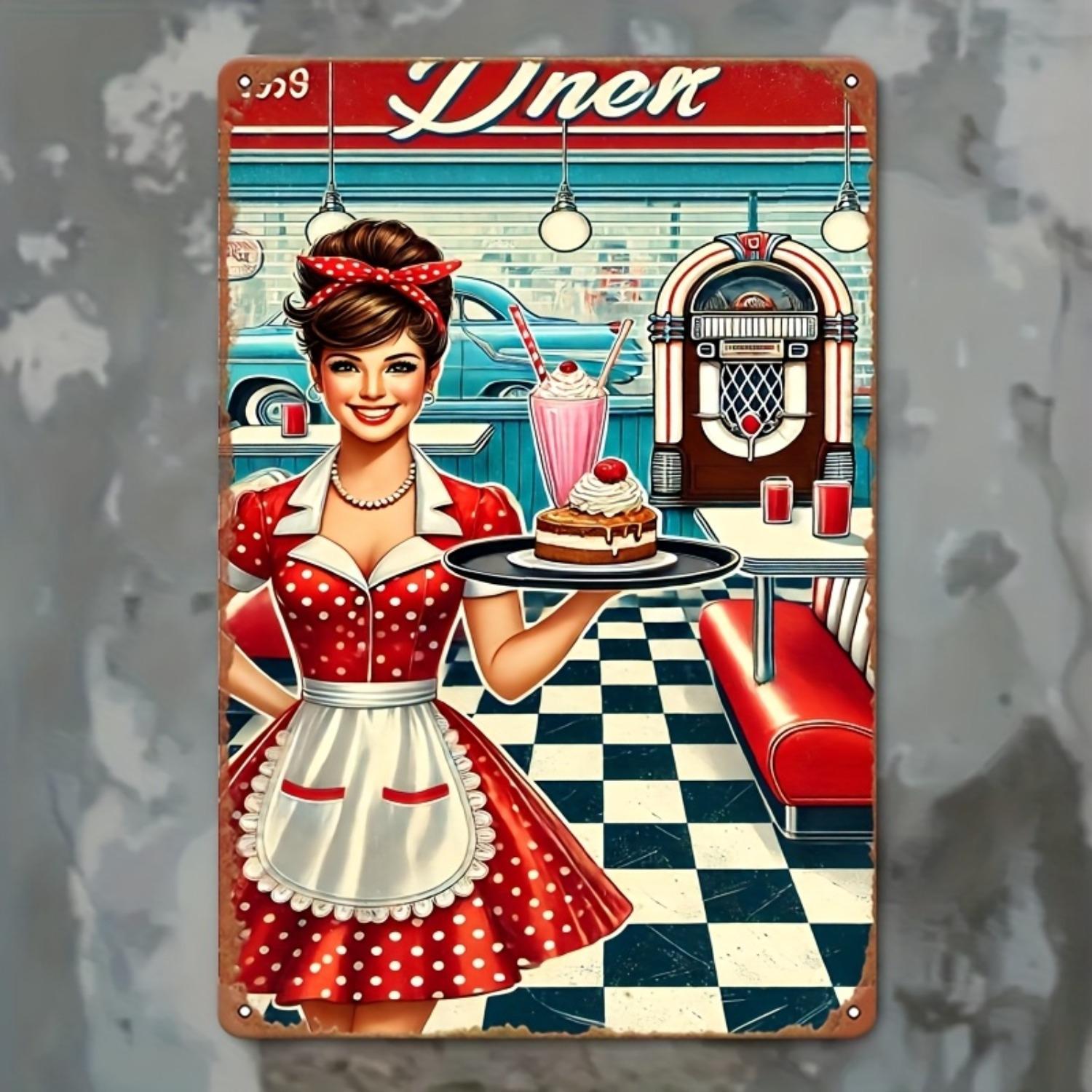 

2D Flat, 1pc Vintage Retro Metal Tin Sign - 20.32x30.48 cm Rustic Iron Wall Art with Pre-Drilled Holes, Diner Waitress & Milksha 20x30cm（7.8x11.8inch）