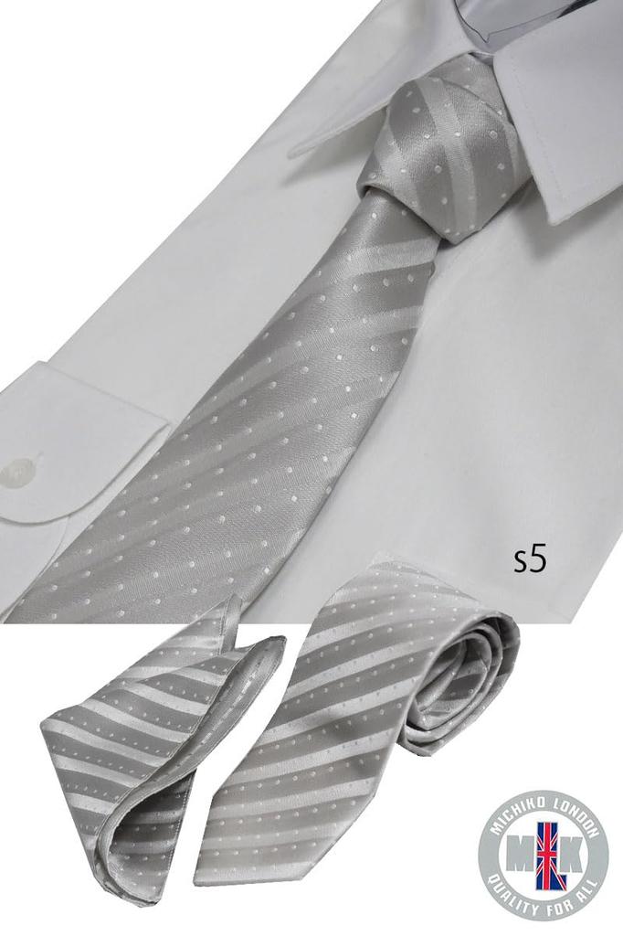 [Michiko London] Tie & Pocket Square Set, Silver Silk Tie, Made in Japan, for Weddings (05, free)
