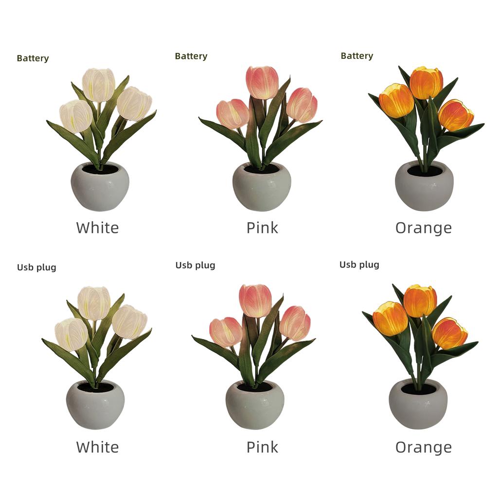 Pink Ceramic Base LED Three Tulip Night Light Artificial Flower Pot Bedroom Bedside Lamp Gift For Best Friend Ins Girly