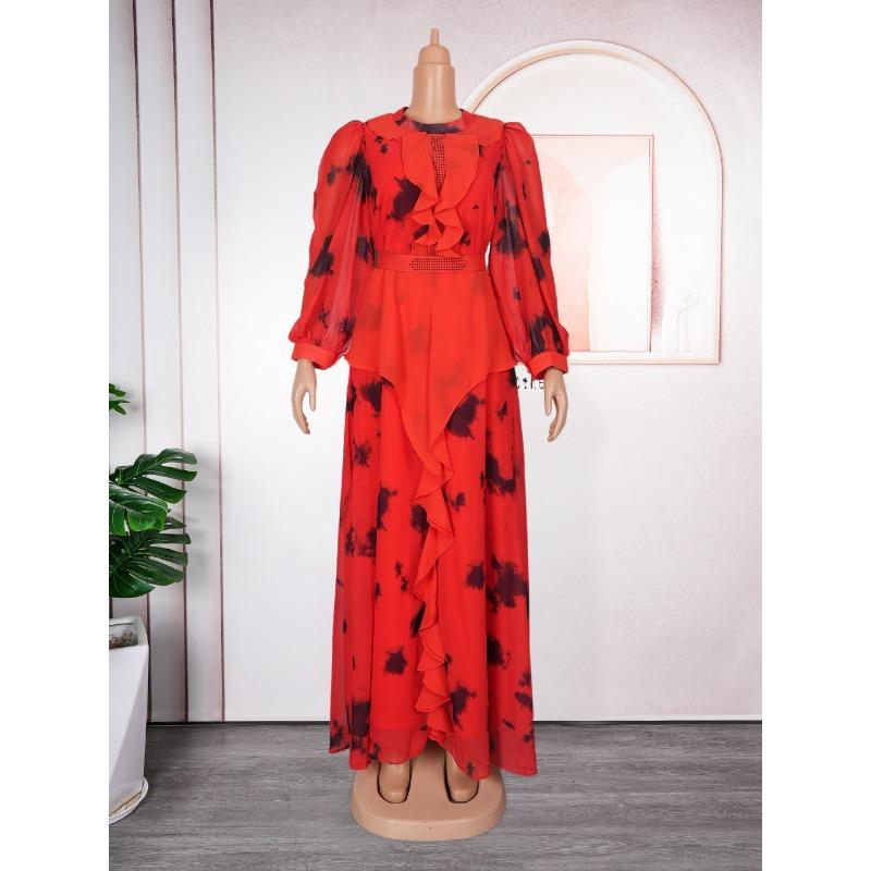 New Vintage Ruffled Print Long Dress for Plus Size Women