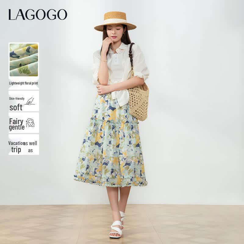 LAGOGO Women s Retro Floral Midi Skirt S