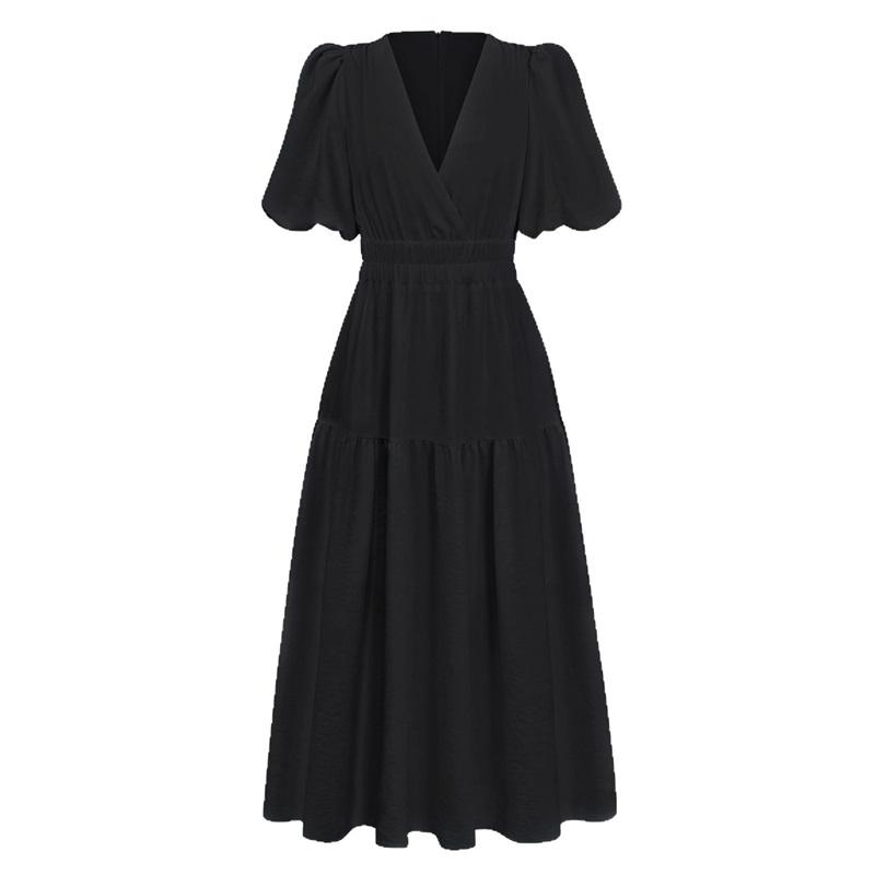 Damen Sommer Neues Produkt Kleid High-End-Sinn Tiefer V-Ausschnitt Ärmel Taille Lässig Strand Langes Kleid Europäischer und Amerikanischer Stil Urlaubsstil