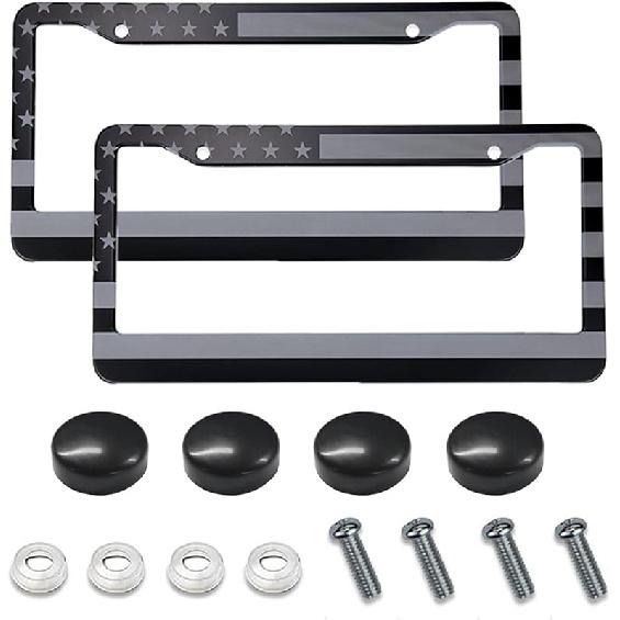 2PCS Matte Black License Plate Frames, Stainless Steel Tag Frame, Car License Plate Protector Holder with Screws Fasteners Caps, Universal Front &