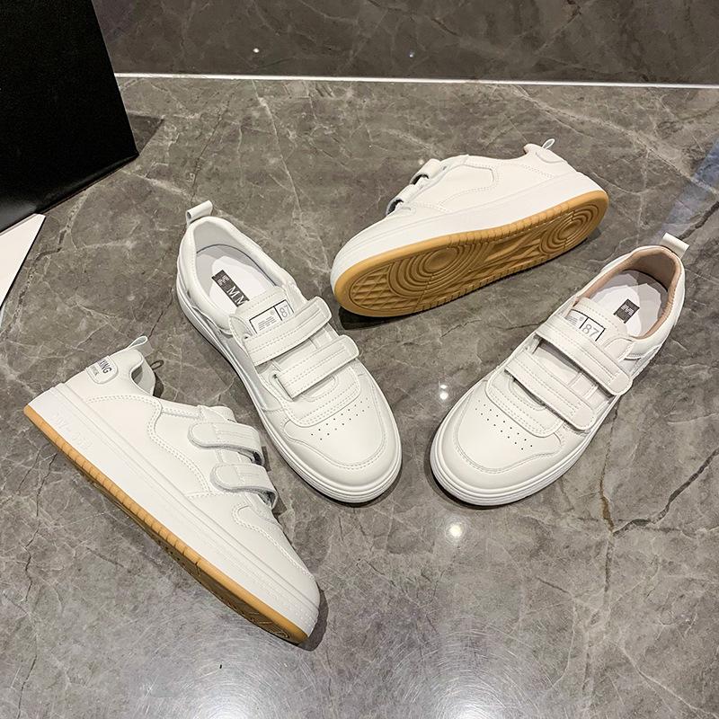 Leather Velcro Sneakers Women's  Spring New Student Casual All-match Flat White Shoes