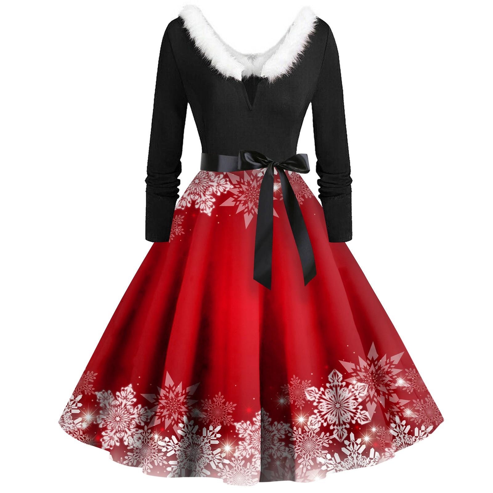 

Женское повседневное и модное платье с длинными рукавами и V-образным вырезом с рождественским принтом на молнии XL красный