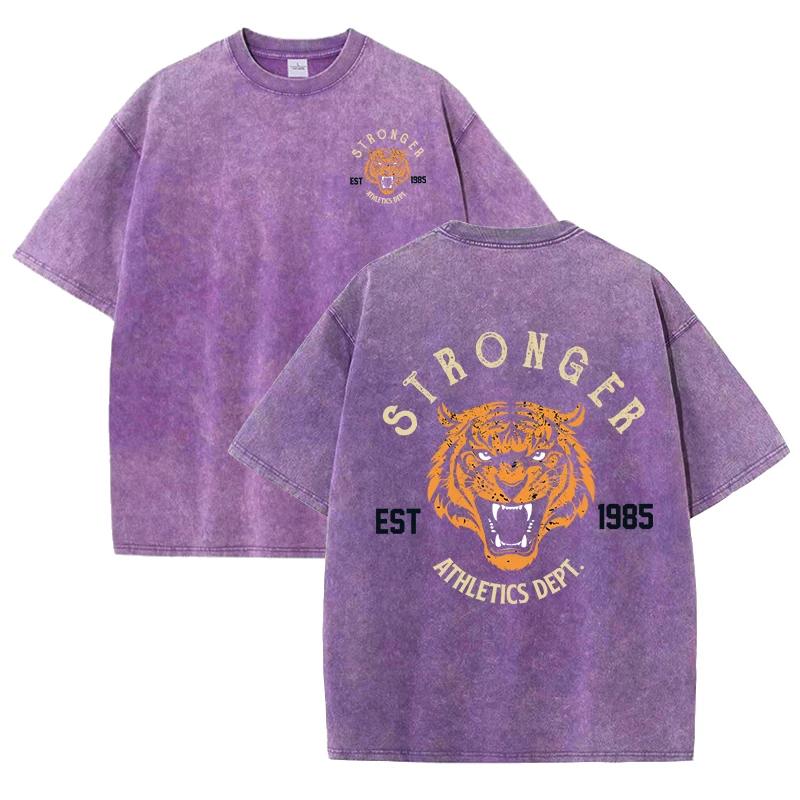 Stärkerer Tiger Sport Print Wasch T-Shirt Damen Sommer Bequem Gewaschenes Tee Lässige Kurzkleidung Weiche Baumwolle Unisex Kleidung