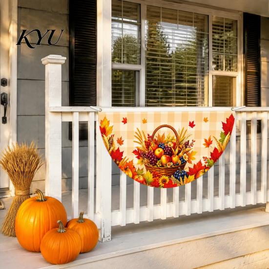 Semicircular Autumn Party Supplies Fall Bunting Fan Flag for Outside, 1.5 X 3ft Turkey Pumpkin Maple Thanksgiving Leaf Pattern Hanging Banner, Harvest