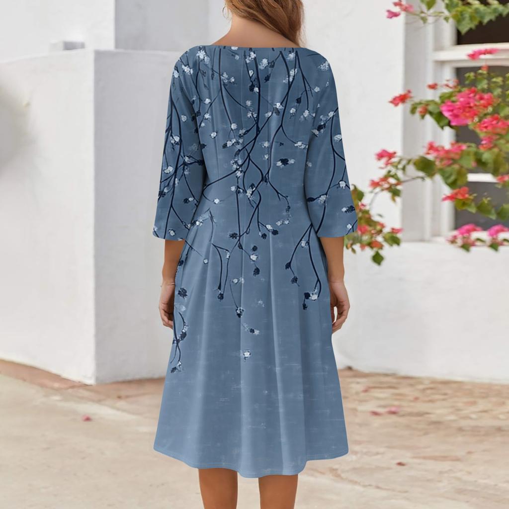 Women's Casual Fashion V Neck Three Quarter Sleeve Print Midi Dress