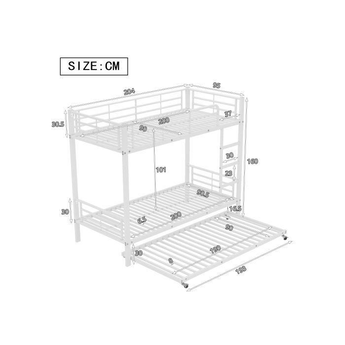 Lit superposé - MUVOE - 90x200cm &amp; 90x190cm - Métal blanc - 3 places - Sécurisé avec barrières