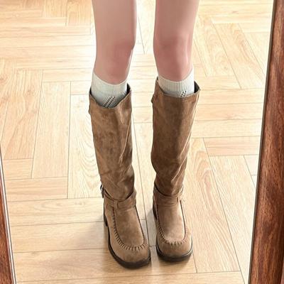 Retro British Style Belt Buckle Thick Heel Knight Boots Women's 2025 Autumn and Winter New Niche Design Thin Pile Boots