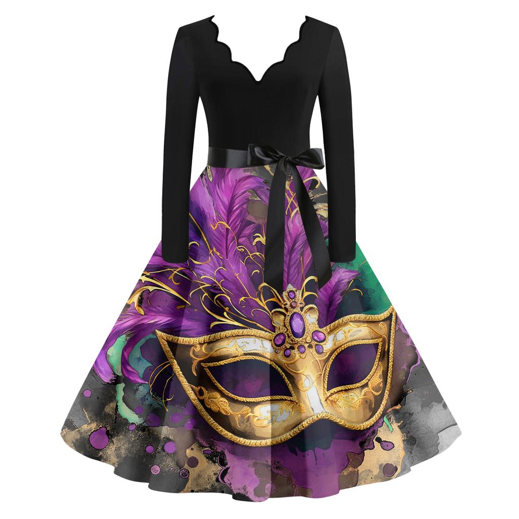 Women's Casual Fashion V Neck Long Sleeve Printed Vintage Long Dress