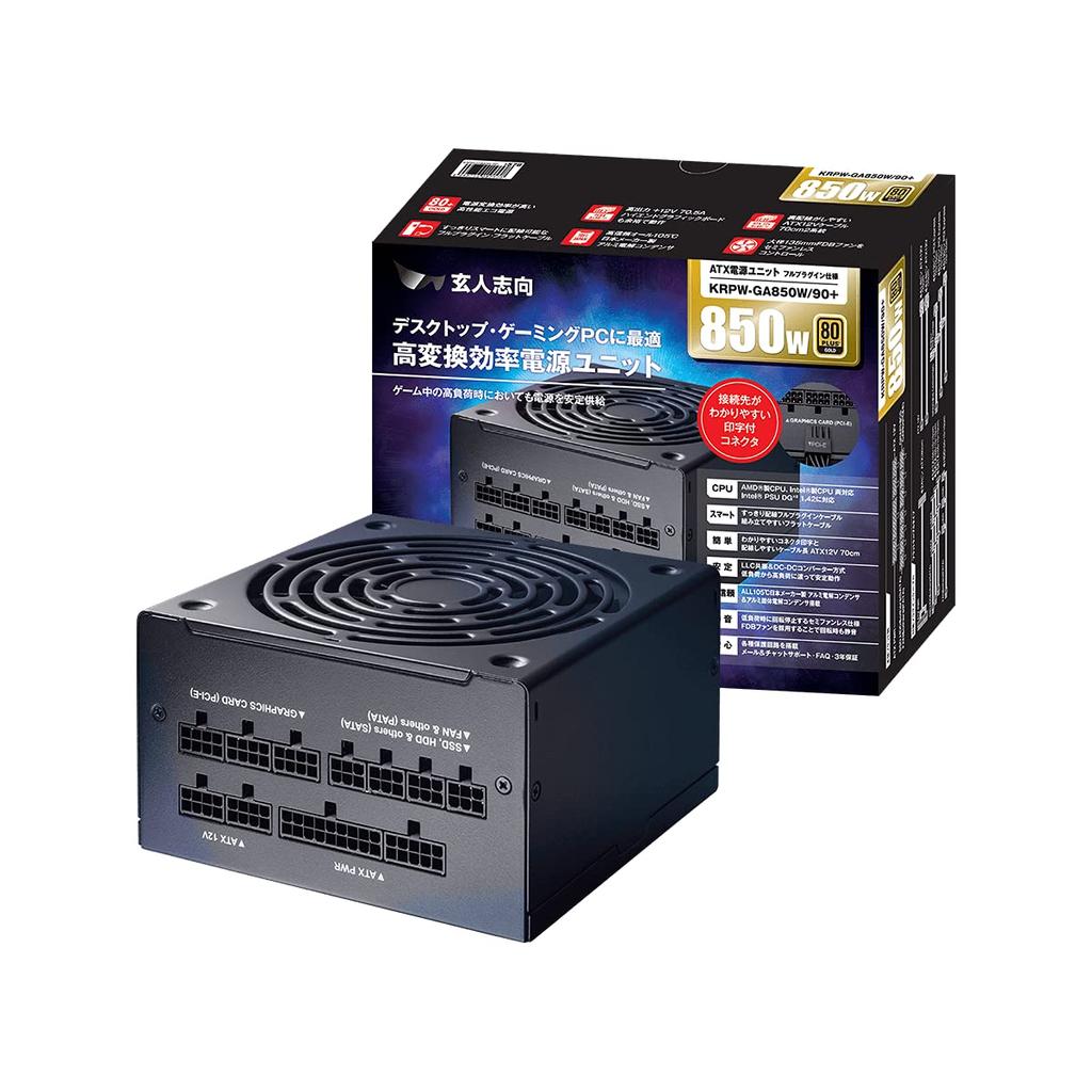 Kuroutoshikou 850W ATX Power Supply, 80 PLUS Gold, Full Plug-in, Semi-Fanless, KRPW-GA850W/90+