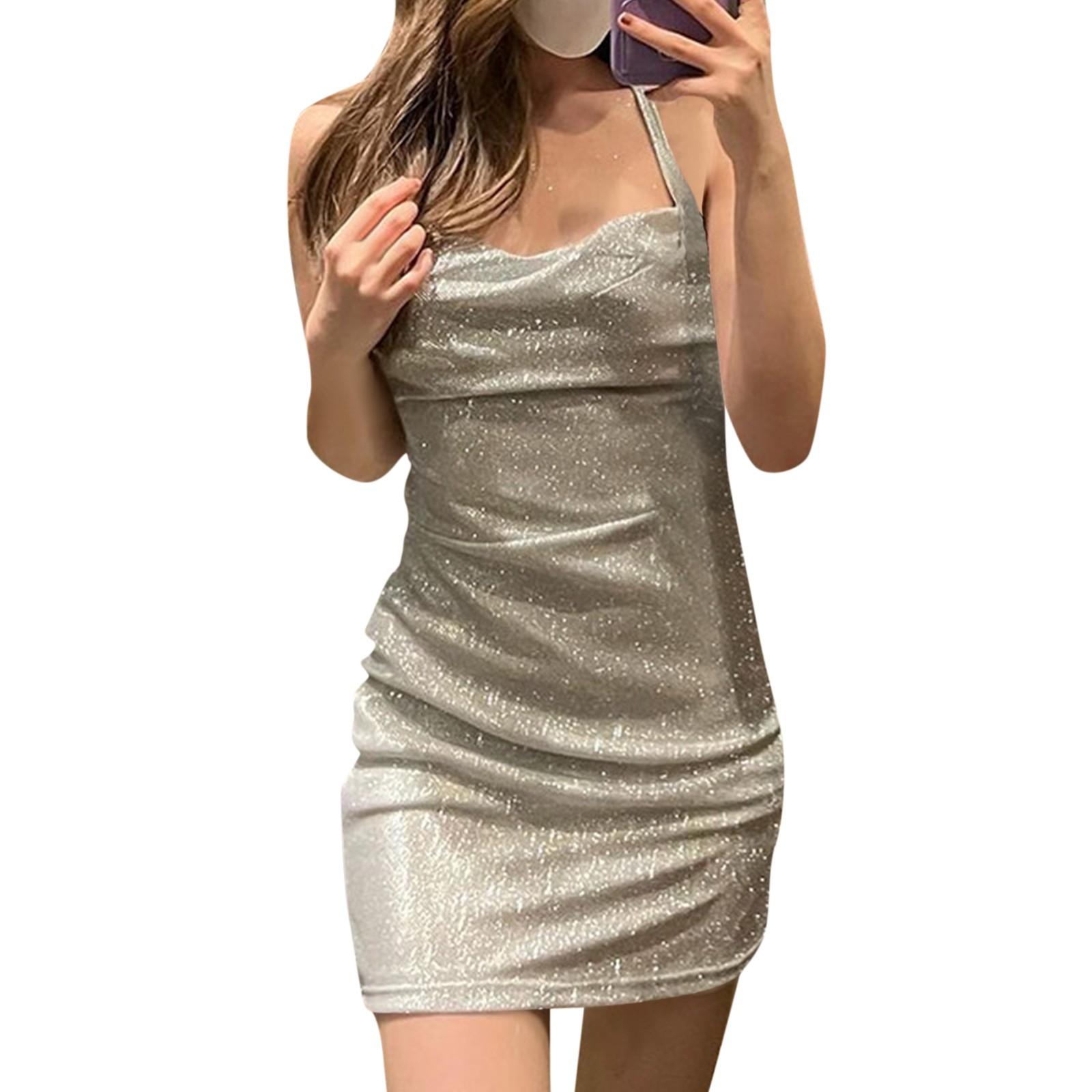 

Женское платье с открытой спиной и подтяжками, сексуальная юбка на бедрах L серебряный