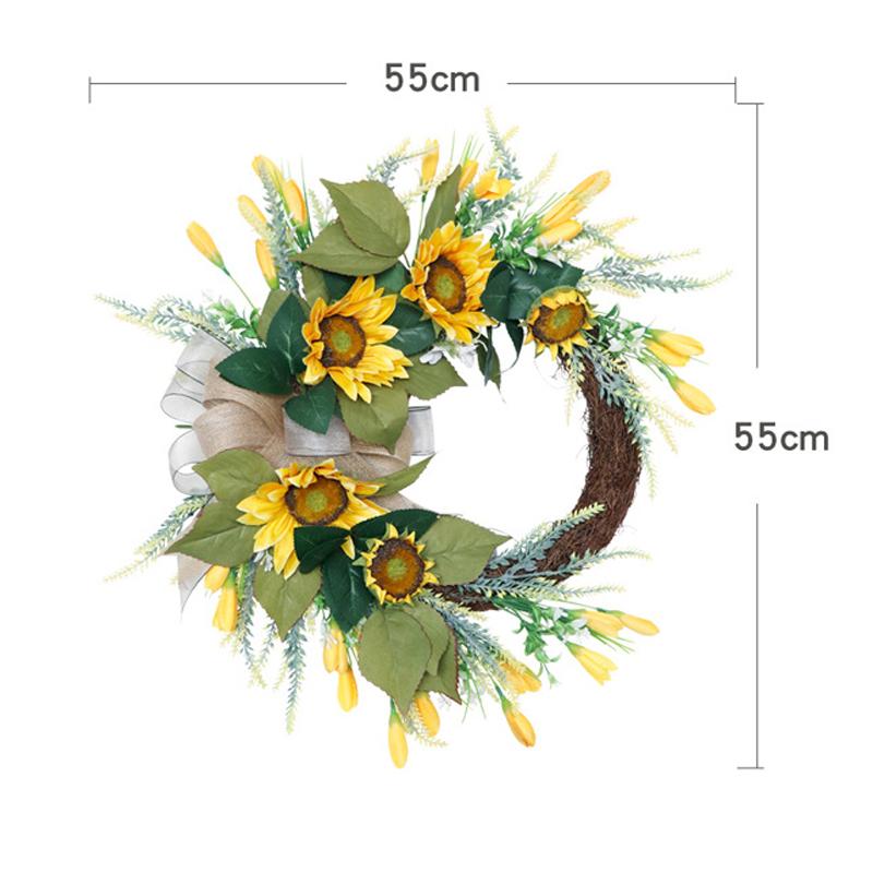 22'' Artificial Sunflower Wreath for Front Door Summer Wreath with Burlap Bow Silk Flower Wreath with Leaves for Home Decoration