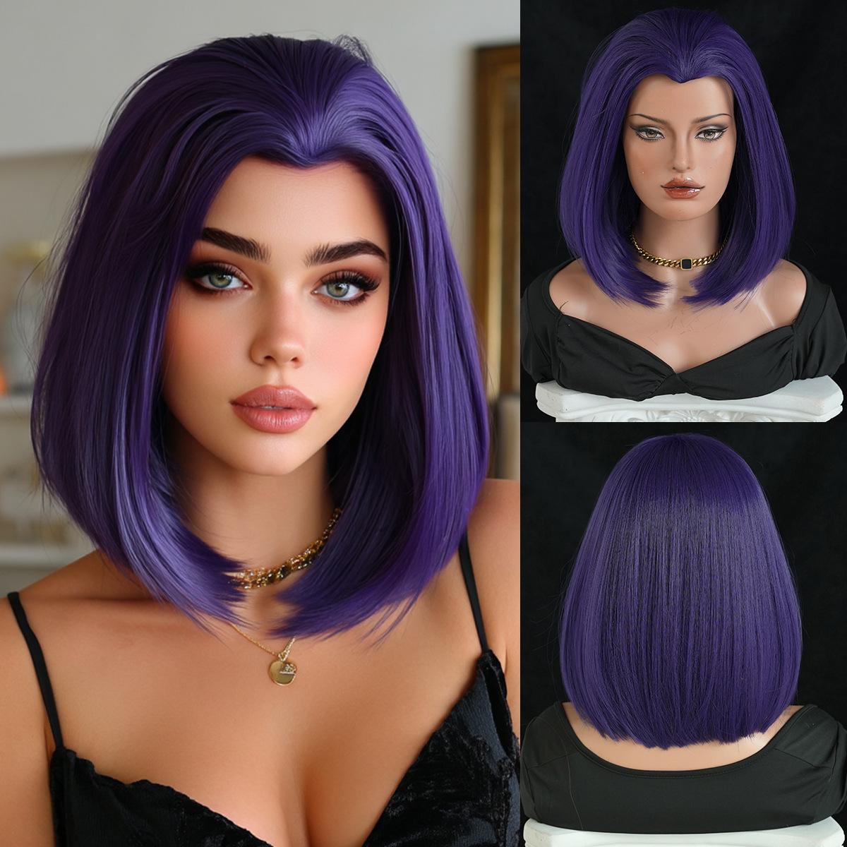 Raven Cosplay Wig – 14 Straight Purple Short Hair for Teen Titans / Dark Magical Girl Costume, Heat-Resistant Synthetic Bob 14inch фиолетовый