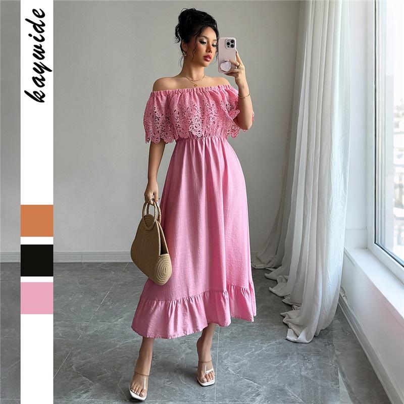 European And American Style Ladies Summer Long Skirt Temperament Elegant Style Strapless A-line Lace Ruffled Dress