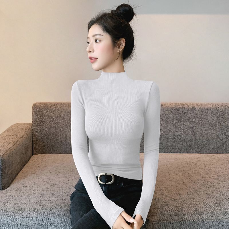 Semi High Neck Base Layer Women Autumn Winter Ribbed Premium Slim Thin Knit Black Top
