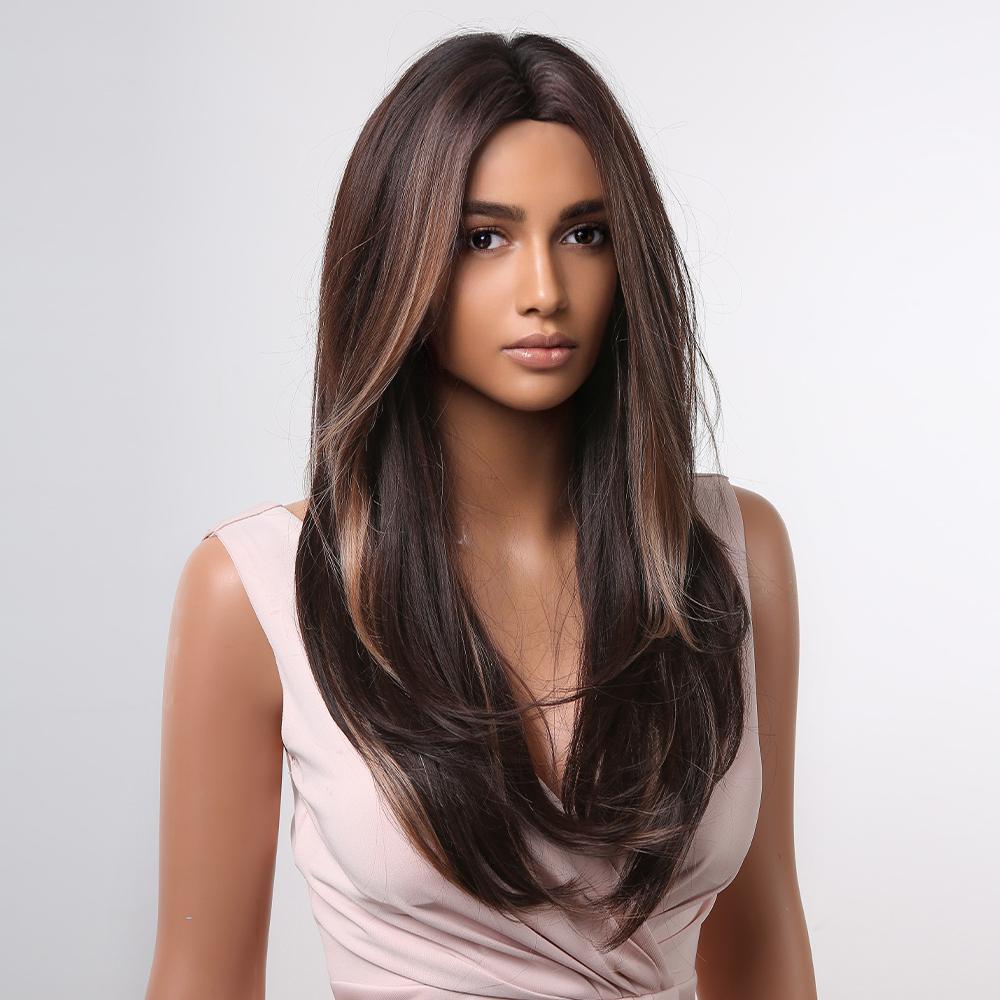 Long Wavy Brown Layered Wigs Blonde Highlight Hair Wigs for Black Women Heat Resistant Cosplay Synthetic Wigs