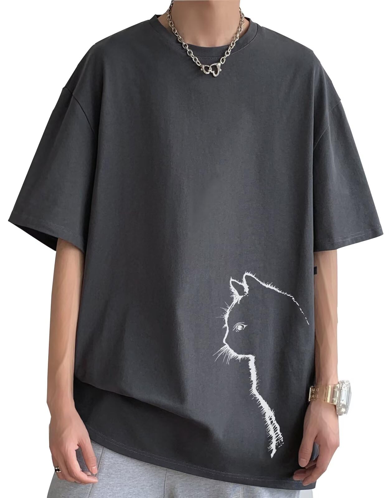 

Prinior Летняя футболка с коротким рукавом, круглым вырезом, с принтом кошки, классическая, повседневная, свободного кроя, доступна в больших размерах, мягкая и удобная, мужская, серая, воротник, хлопок, принт, стиль,