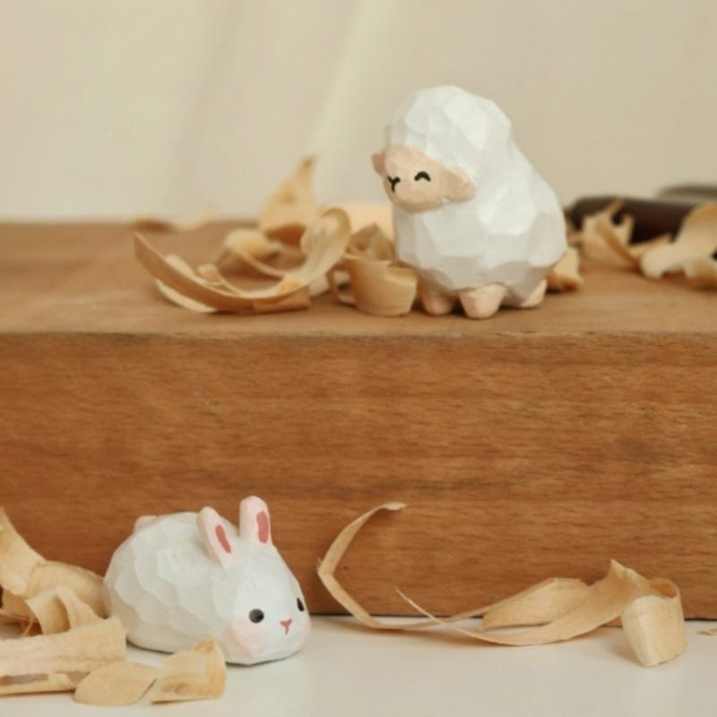 Basswood Handmade Wooden Carving Orange Cat Dog Rabbit Sheep Figurine Ornament Cute Desktop Home Living Room Decor New Year Gift
