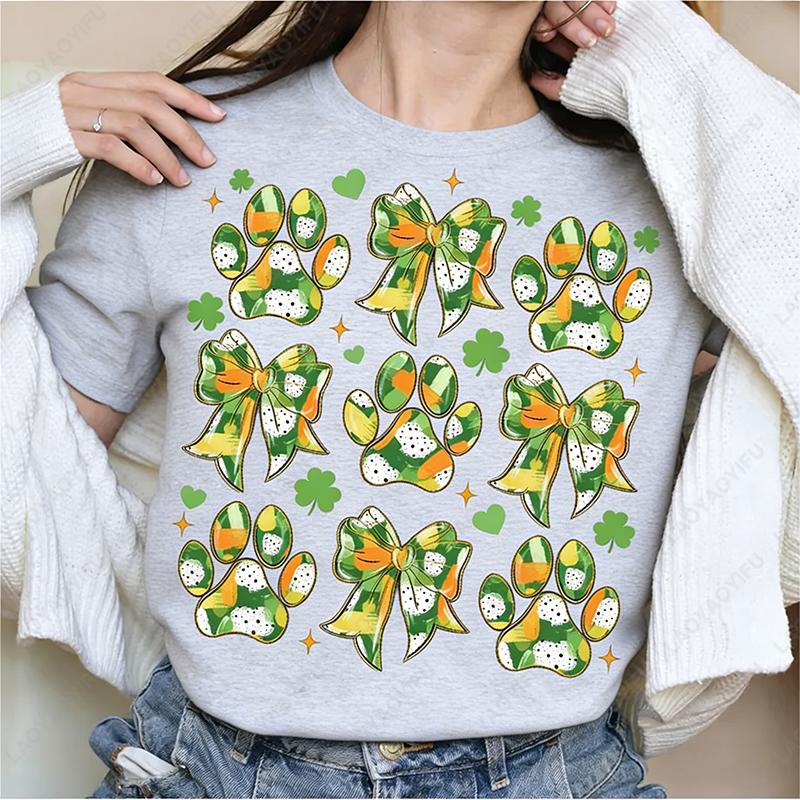 St Patricks Day Dog Paw Print Casual Unisex Oneck Printed Tops Fun Shamrock Clover Cute Cotton Shirts Dogs Lover Women Clothes
