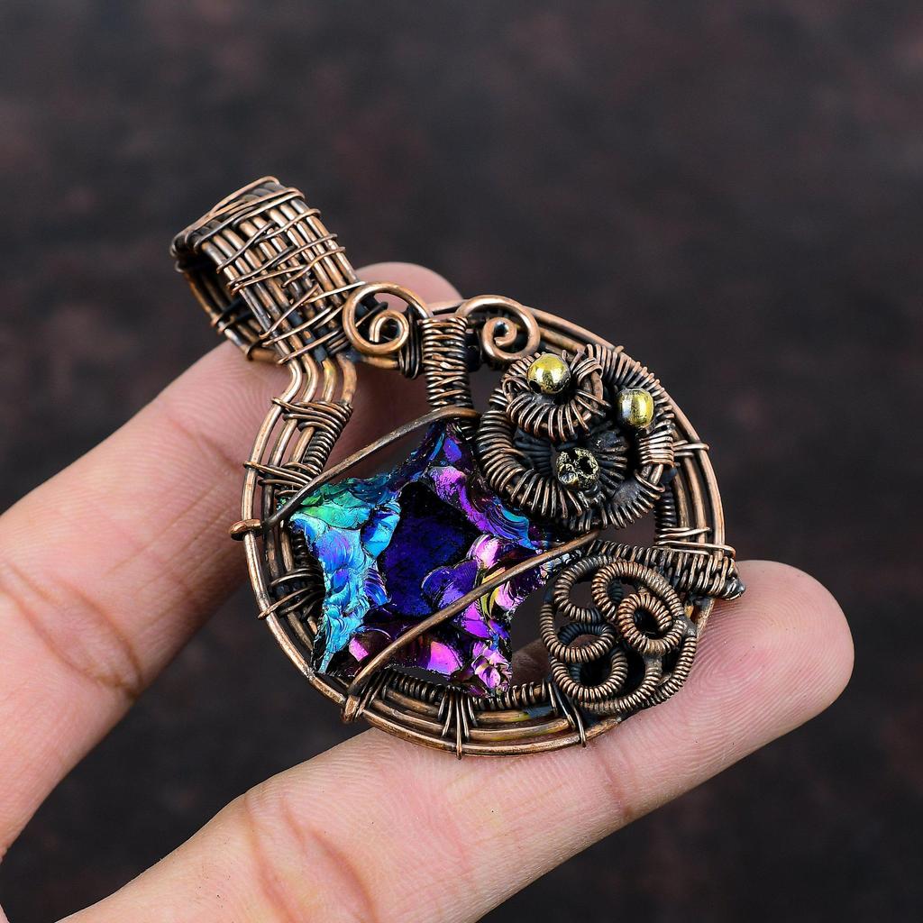 Titanium Druzy Pendant Copper Wire Wrapped Pendant Natural Gemstone Pendant Handmade Copper Wire Jewelry Gift For Him Latest Design Pendant