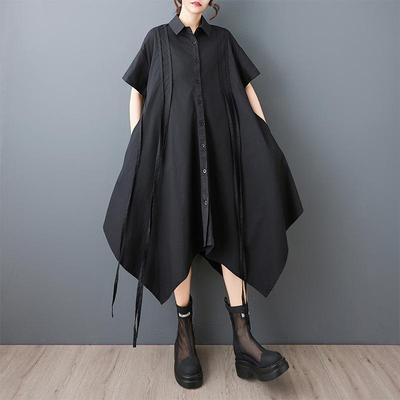 Vestido camisa de verão preto vintage de manga curta plus size novo para mulheres casual solto longo