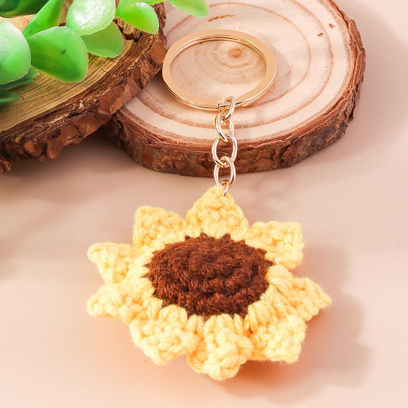 Aihua Knitted Sunshine Sunflower Keychain Keyring For Women Girl Cute Crocheted Flower Pendant Car Key Ring Handbag Gifts