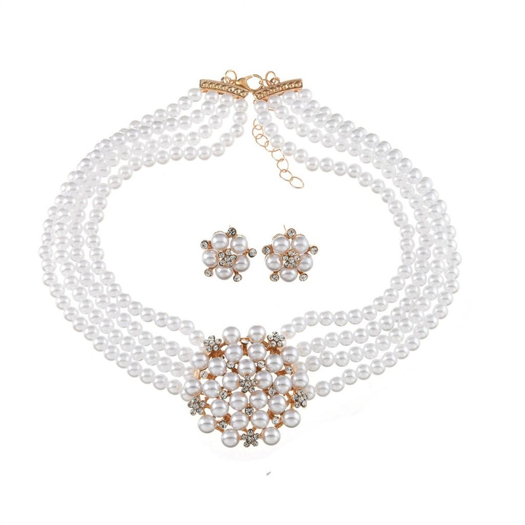 Colar com Pingente de Flor Estilo Europeu e Brincos com Pérola Artificial e Strass