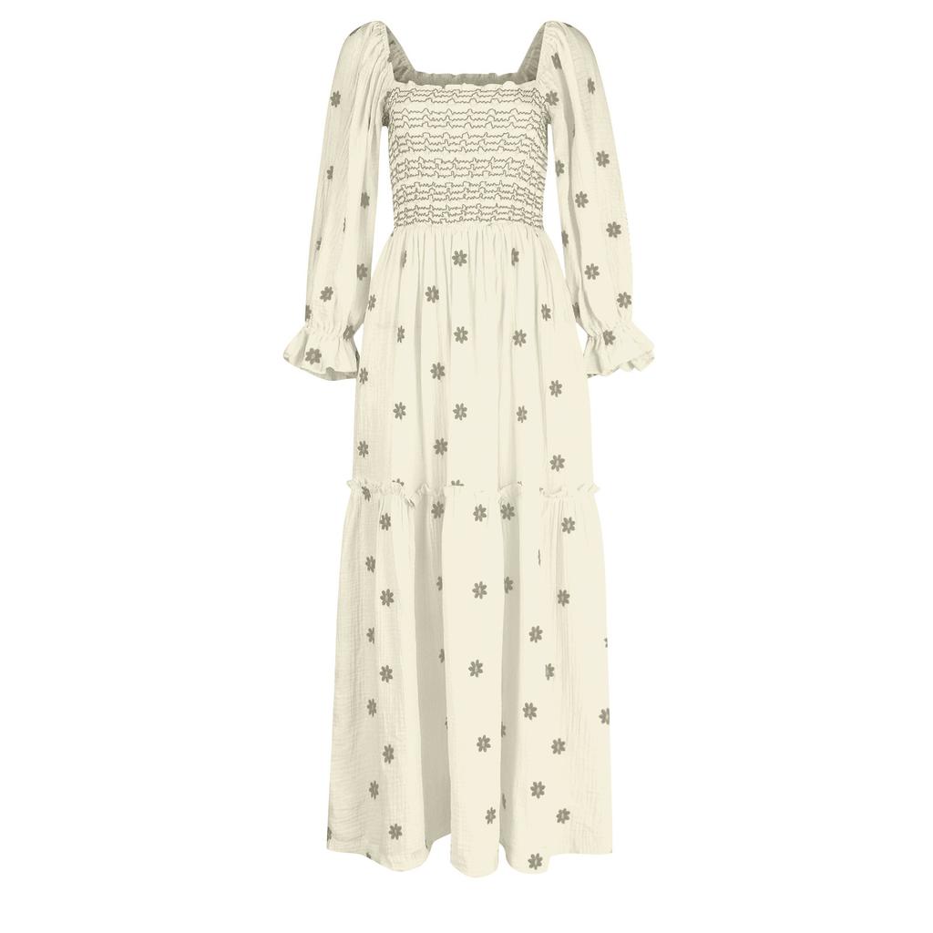 Damen Freizeitkleid Quadratischer Ausschnitt Trompetenärmel Langer Rock Lässige und Sommer Maxikleider Für Damen