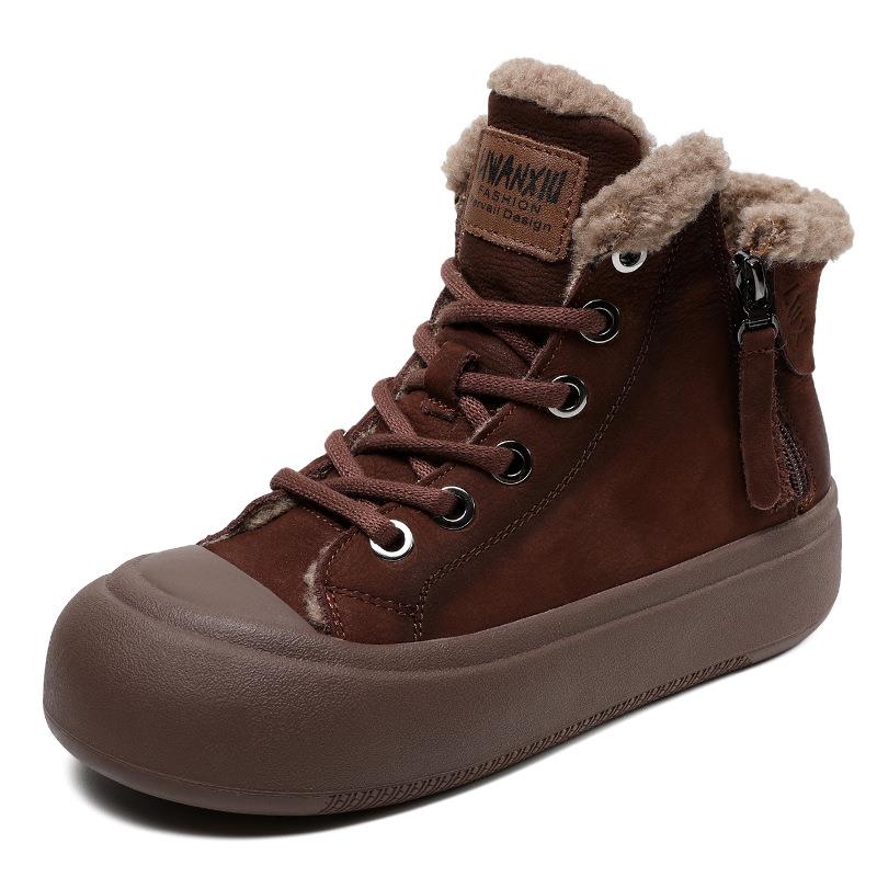 

First layer cowhide retro high-top shoes women s winter zipper lamb wool short boots casual velvet Martin boots 40