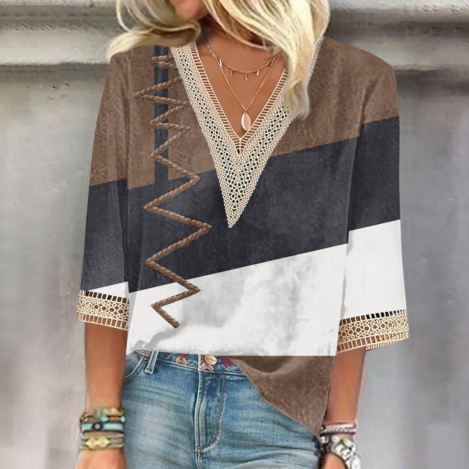 

Женская рубашка-блузка Повседневные свободные рубашки с рукавами 3/4 и кружевной отделкой Топы с v-образным вырезом и принтом Топы с принтом Футболки Футболки M коричневый