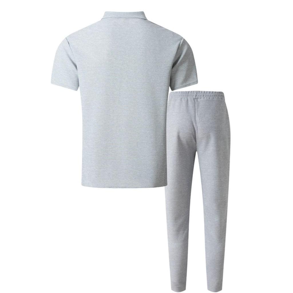 Sommer Kurzarm Revers Waffel Zweiteiler Set mit Knopf Tasche Hemd und Hose