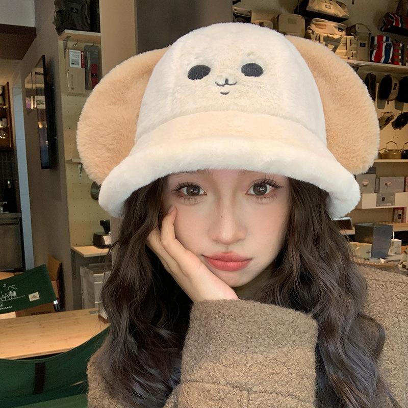 Puppy ears plush bucket hat female winter cute student versatile small face thickened warm basin hat