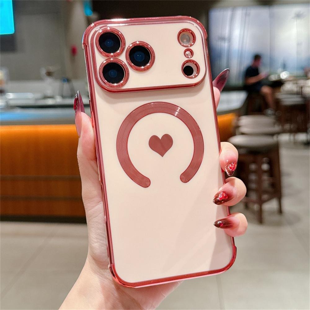 For iPhone 17 Pro Max Magnetic Case Electroplating Soft TPU Cover with Cute Love Heart