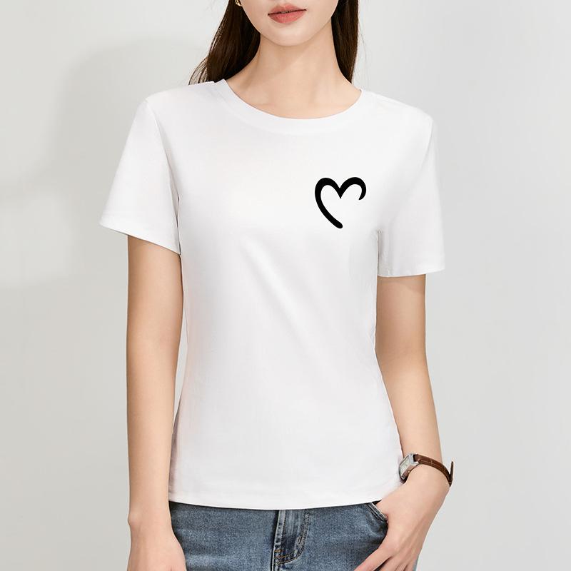 Forward Shoulder Round Neck Short-sleeved T-shirt for Women New Women's Heart-print Stretch Cotton T-shirt Korean Casual Top